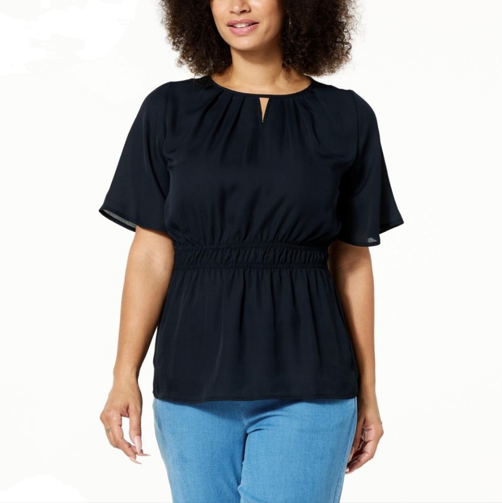 🖤IMAN Global Chic Flutter Sleeve Peplum Bkack Blouse Top